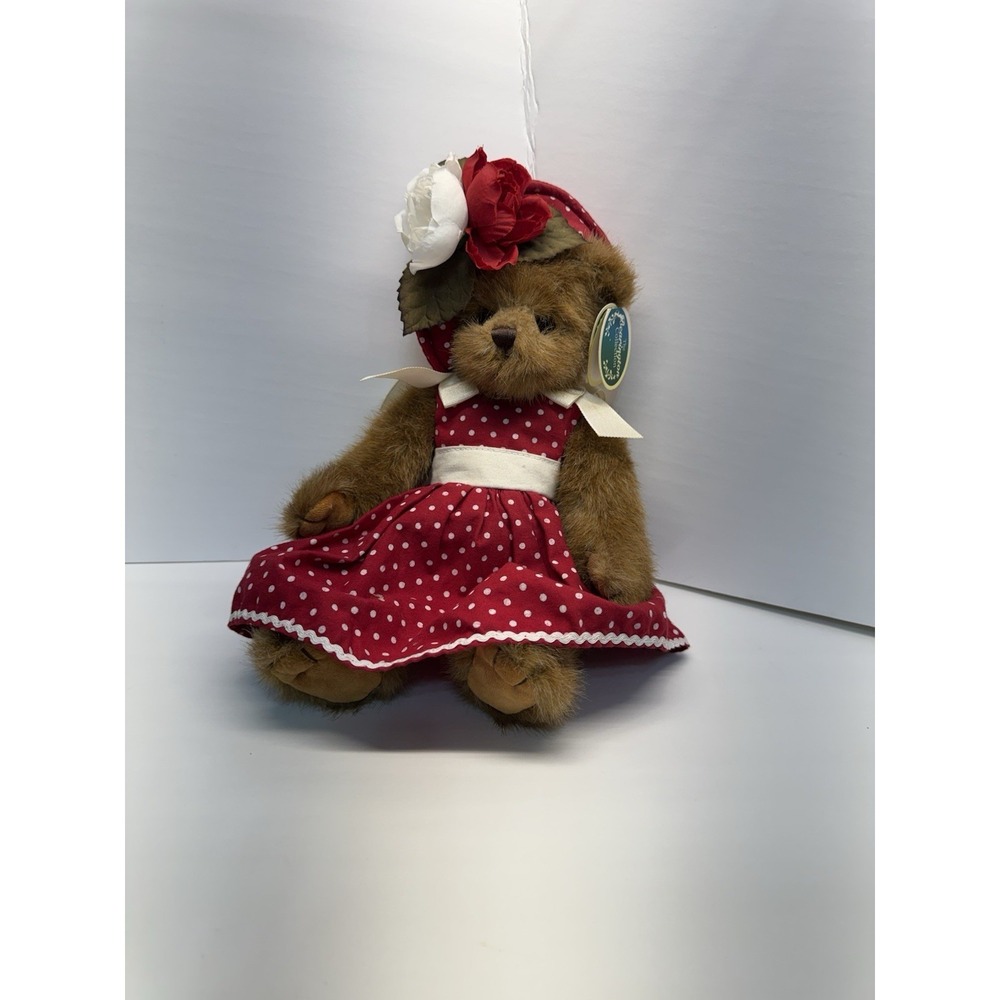 Bearington Collection Brown Plush Teddy Bear w/ Polka Dot Dress Hat Bow